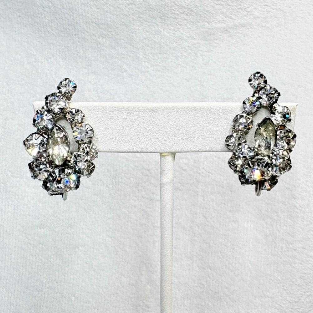 Mid‑Century Rhinestone Clip‑On Earrings, Marquise Center, 1950s–60s